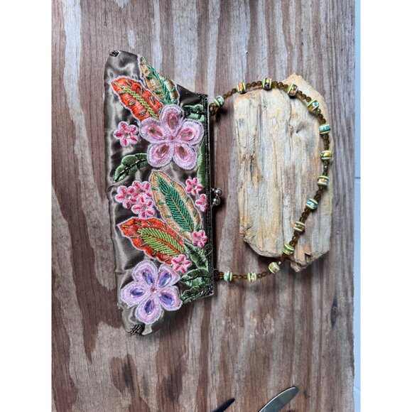 Floral Embroidered Satin Clutch Purse With Beaded Handle - Picture 4 of 8